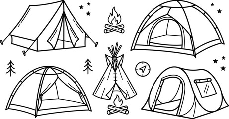 Minimalist camping tent line art set featuring bonfire campfires teepee compass stars trees and black outdoor adventure vector elements © MDSAIFUL