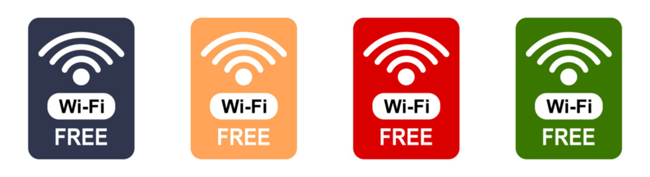 Free WiFi icon set. Icons represent public hotspots where users can access internet connectivity without charge.
