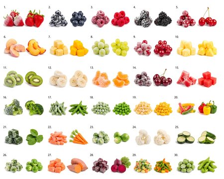 30 different frozen fruits or vegetables and fresh fruits or vegetables next to them. isolated on white background