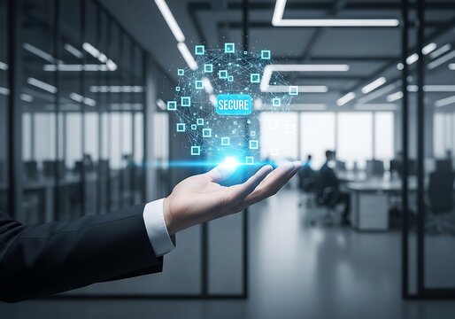Business person holding a glowing digital secure network hologram in an office environment