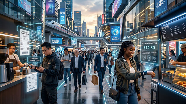 Futuristic smart city street with digital payment technology, diverse people using contactless mobile wallets, high-tech urban lifestyle and fintech commerce