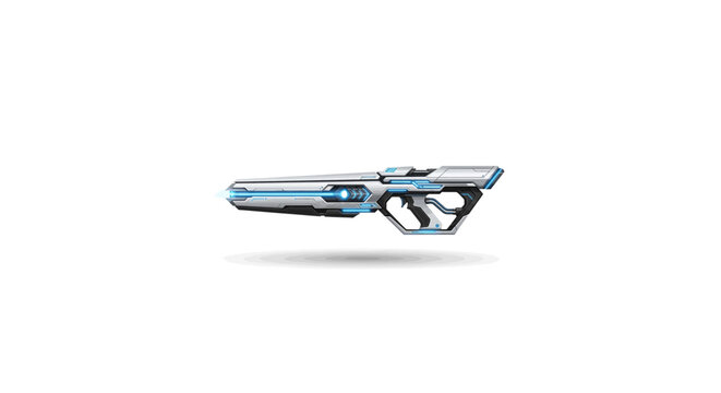 Futuristic blue and white sci-fi laser gun isolated on white background.