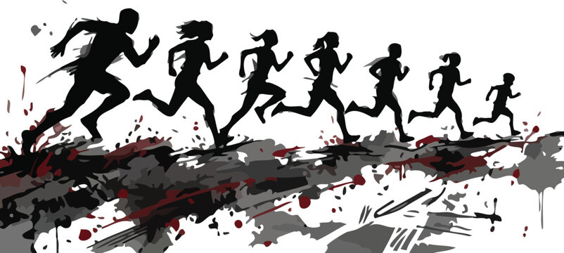 Running people silhouettes with paint splatter dynamic illustration