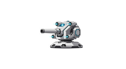 Futuristic robotic turret with cannon in sci-fi style isolated on white background. © Mu