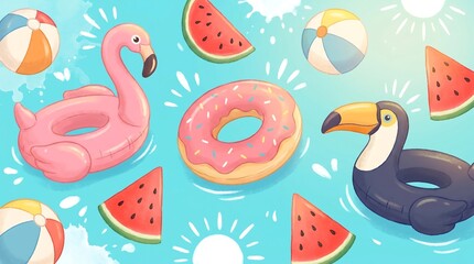 Fototapeta premium Summer pool float illustration with inflatable swan, donut, toucan, watermelon and beach balls