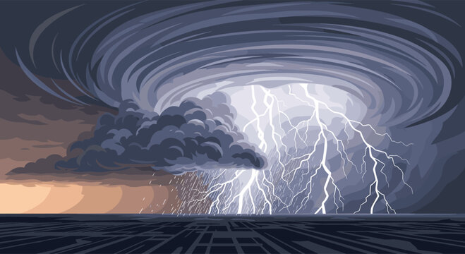 Powerful natural disaster scene with a massive tornado vortex and bright lightning bolts striking during a heavy rainstorm.