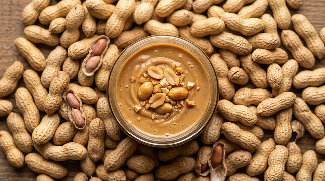 Top view of a glass jar filled with creamy peanut butter surrounded by whole roasted peanuts in shells on a table