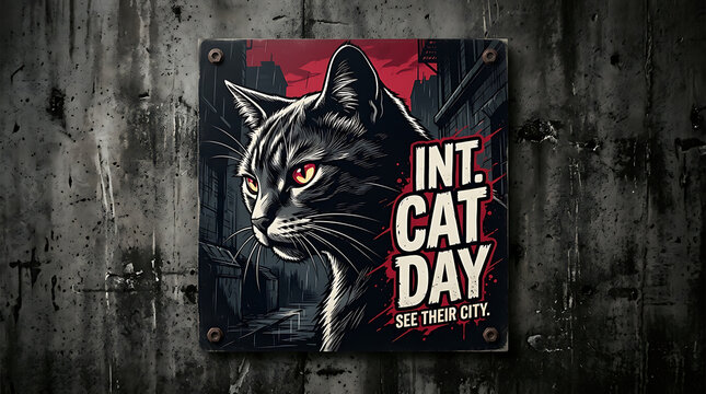 International cat day poster with intense black cat portrait and city background