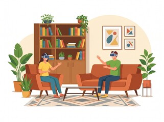 Fototapeta premium People experiencing virtual reality using vr headsets in a modern living room setting with books, plants, and stylish furniture, vector isolated on white