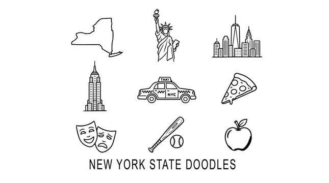 New York State Vector Doodle Set | Black and White Line Art | Editable Graphic for Travel, Culture, and Urban Heritage Design Projects