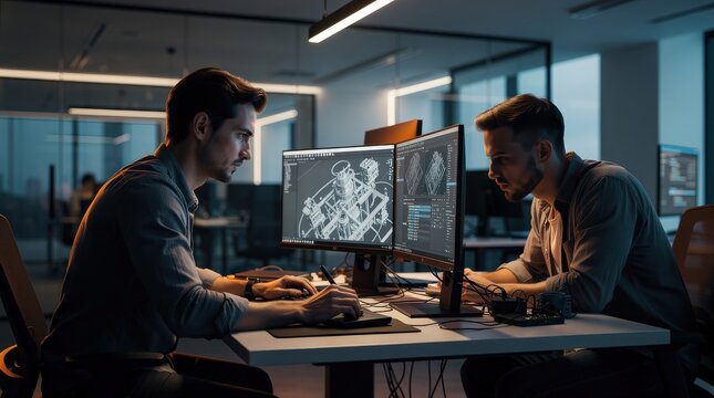 Two men working late in an office, collaborating on 3D mechanical design displayed on a computer screen.
