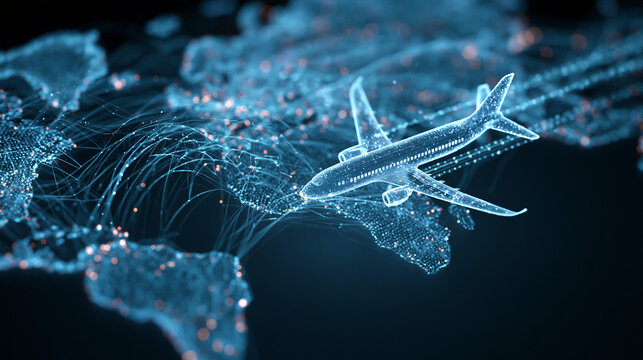 A digital illustration of a plane flying over a networked map of the world