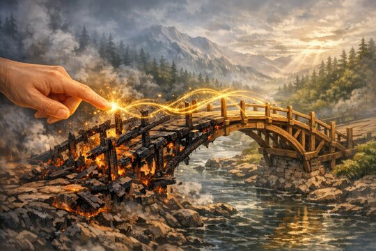 A painting of a bridge spanning a serene river scene