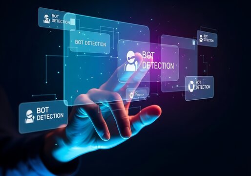 Hand interacting with a holographic bot detection system interface
