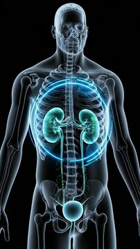 Detailed Anatomical Illustration of the Human Body Showcasing Kidneys and Skeletal Structure with Glowing Effects for Medical and Educational Purposes