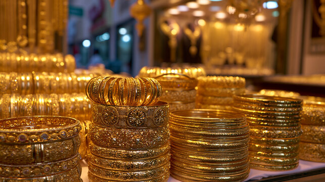 A collection of gold bangles on display in a jewelry store with intricate designs