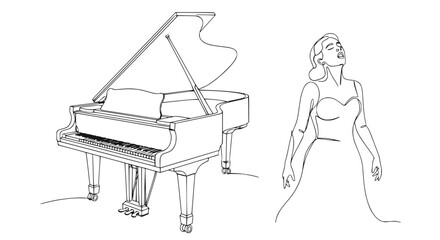 Opera Singer and Grand Piano Line Art - Elegant Music Performance © Ipung