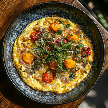 Delicious omelette with cherry tomatoes cozy  food photography bright natural light close-up view culinary delight