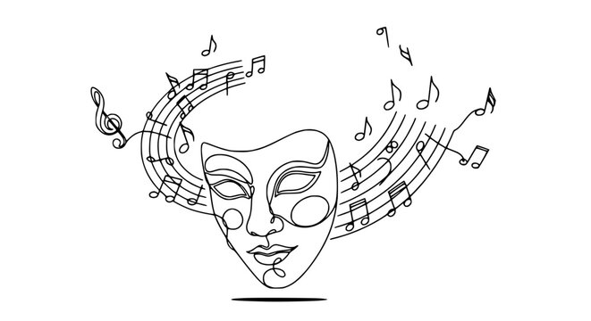 Abstract single line drawing of a theatrical mask with musical notes swirling around it.