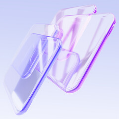 Naklejka na ściany i meble Glass transparent square 3D shapes with holographic gradient on light blue render background. Abstract geometric pattern of block plates, overlay effect. Purple crystal design element. 3D illustration