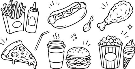 Minimalist fast food line art bundle featuring burger pizza slice fries hot dog popcorn and black takeaway vector icons © MDSAIFUL