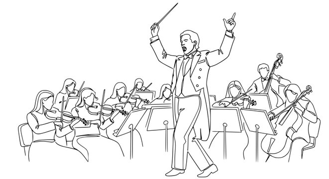 Orchestra conductor leading musicians in a performance, expressive line art