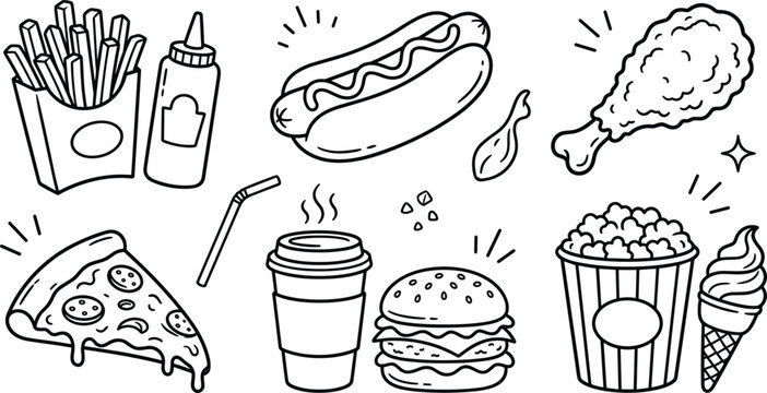 Minimalist fast food line art bundle featuring burger pizza slice fries hot dog popcorn and black takeaway vector icons