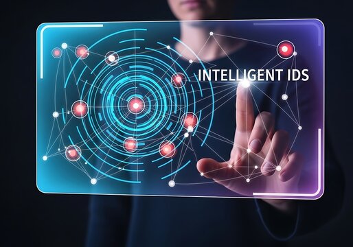 Businessman interacting with a futuristic intelligent IDS digital interface