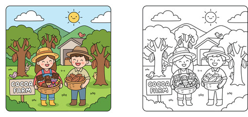 Obraz premium Cute Farmers Harvesting Cocoa Pods on a Plantation, Baskets of Chocolate and Beans, Kids Educational Coloring Page and Color Illustration Set for Activities and Books
