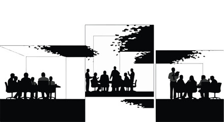 Obraz premium Silhouettes of people in a meeting, discussing ideas in a modern office space.
