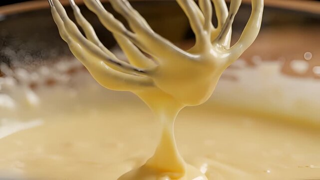 Closeup of a whisk mixing a creamy yellow batter in a bowl.