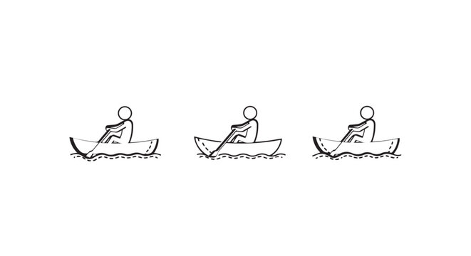 Illustrations of people rowing small boats sequentially.