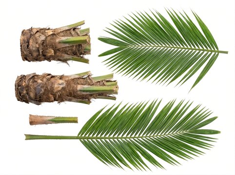 Green Palm Tree Fronds and Trunk Segments Isolated on White Background Botanical Set