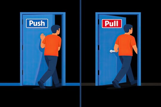 A person in an orange shirt is entering a unique door with push and pull handles