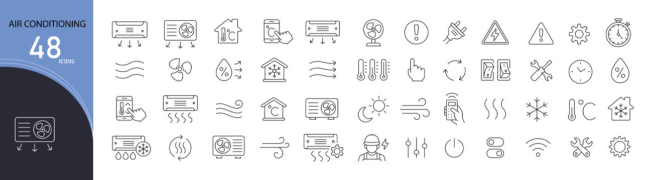 Air conditioning icons set representing cooling system, HVAC, temperature control, ventilation, air flow, climate control and indoor comfort. Editable Stroke.