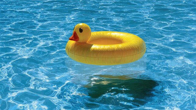 Yellow inflatable duck ring floating in sunlit sparkling blue pool water