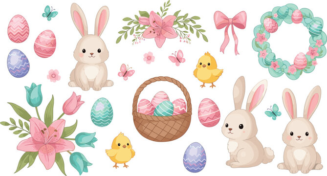 Cute watercolor Easter clip art set featuring pastel eggs, fluffy bunnies, yellow chicks, floral wreath, basket, and spring flowers on white backgroundvv