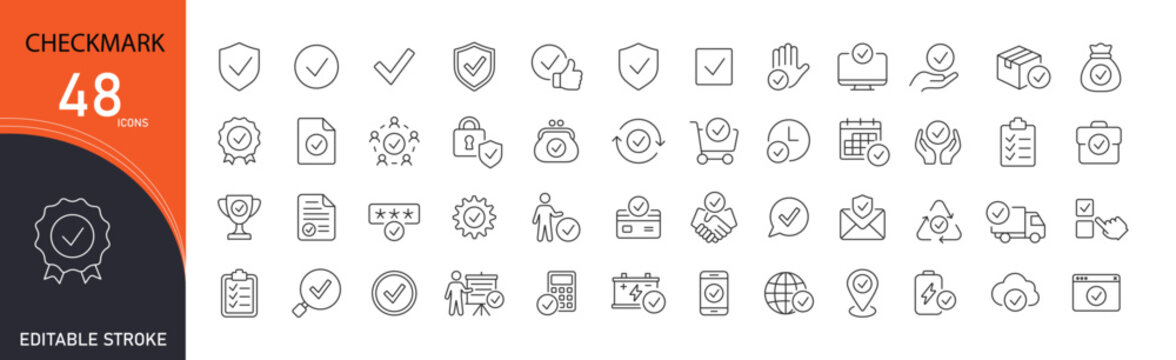 Checkmark icons set representing approval, verification, task completion, confirmation, validation, success status and quality assurance. Editable Stroke.