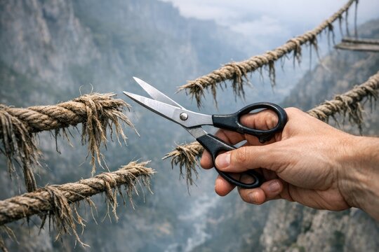 A person holding a pair of scissors above a rope, ready to cut it