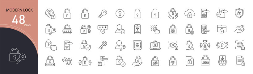 Modern lock icons set representing smart security, digital access, biometric authentication, password protection, smart home systems and advanced locking technology . Editable Stroke. © khansa