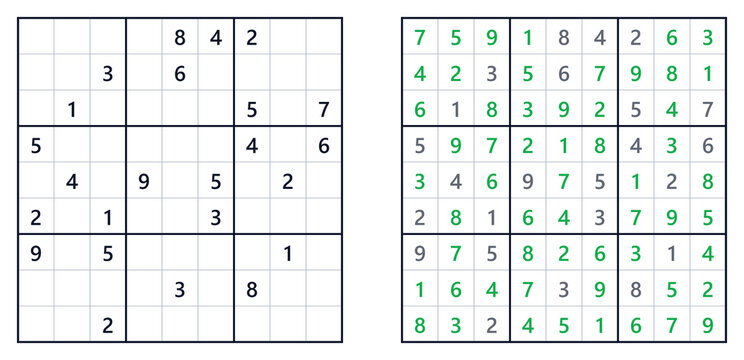 Sudoku puzzle solution page in expert level with numbers filled. Sudoku classics  