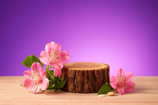Minimalist Still Life With Wooden Log And Vibrant Flowers