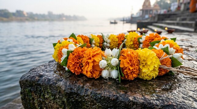 Macro Shot of Traditional Marigold and Jasmine Flower Garland on a Ceremonial Stone Platform by the Sacred River During Narmada Jayanti Festival Celebration