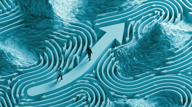 High angle view on a maze of winding light blue arrows, with two figures finding their separate but converging ways to a central upward arrow