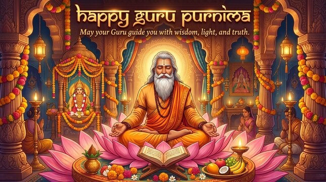 Vibrant Guru Purnima celebration with a wise guru meditating amidst colorful flowers, fruits, and an open holy book in an ornate temple hall