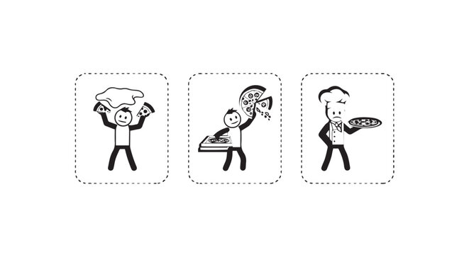 Illustrated characters carrying different types of pizza.