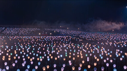 Obraz premium Stunning outdoor lantern light festival installation with thousands of glowing pastel lanterns in misty night air, immersive light art experience concept cultural event with copy space