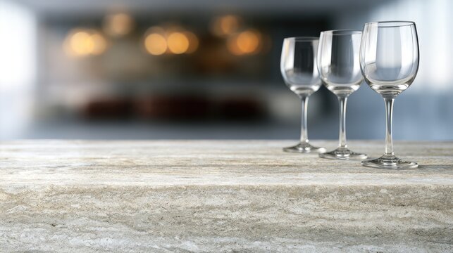 Three empty wine glasses stand on a marble surface in a blurred background