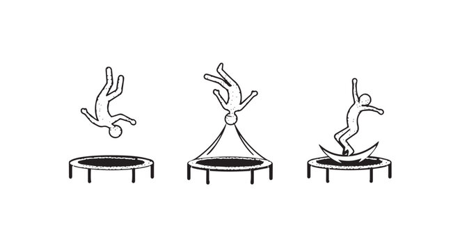 Illustrated sequences of trampoline jumping stunts and tricks.