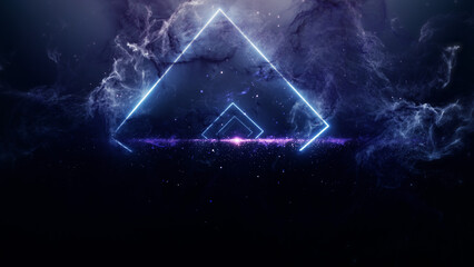 Neon light triangle tunnel with cosmic smoke background. Futuristic glowing blue and purple geometric lines in dark space for cyber, gaming, or sci-fi backdrop. © vfx_angpao